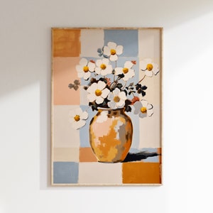 Margaritas en una pintura de jarrón, cartel de flores abstractas, decoración moderna boho, arte del dormitorio, pintura de margaritas, colores cálidos, pintura de flores boho