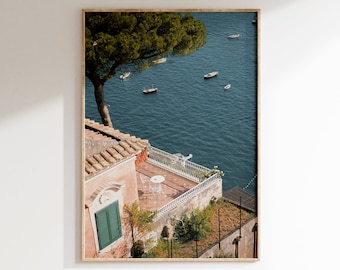 Amalfi Coast Balcony Poster, Pink Villa Wall Art, Feminine Printable, Positano Scenery, Boats On The Water, Amalfi Coast Photography