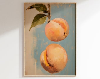May include: A painting of two peaches hanging from a branch with green leaves against a blue background.