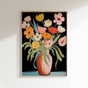 Pintura colorida de jarrón de flores, arte abstracto cálido, pintura con pinceladas pesadas, decoración de sala de estar, estampado de flores contemporáneas, flores de primavera