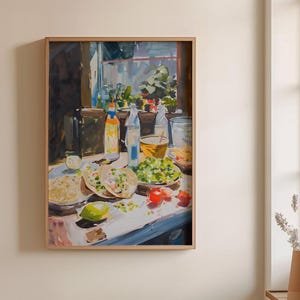 Taco Nacht Wandbild, mexikanisches Essen Druck, Taco Malerei Druck, Ölgemälde des Abendessens, mexikanisches Abendessen Kunst, mexikanische Küche Dekor