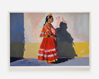 伝統的なメキシコ女性のプリント、お祭りのドレスのポスター、メキシコ文化の壁アート、メキシコ女性の肖像画、オリジナル絵画、西洋の壁アート