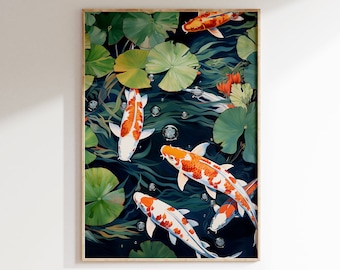 Koi Pond Poster, Asian Fish Decor, Koi Pond Painting, Lily Pad Pond Wall Art, Orange And White Koi Fish, Asian Home Wall Art, Japanese Koi