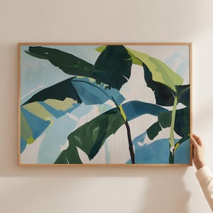Arte mural de hojas verdes tropicales, pintura original, estética de verano, arte verde y azul, póster botánico, impresión de monstera, arte de hojas de la jungla