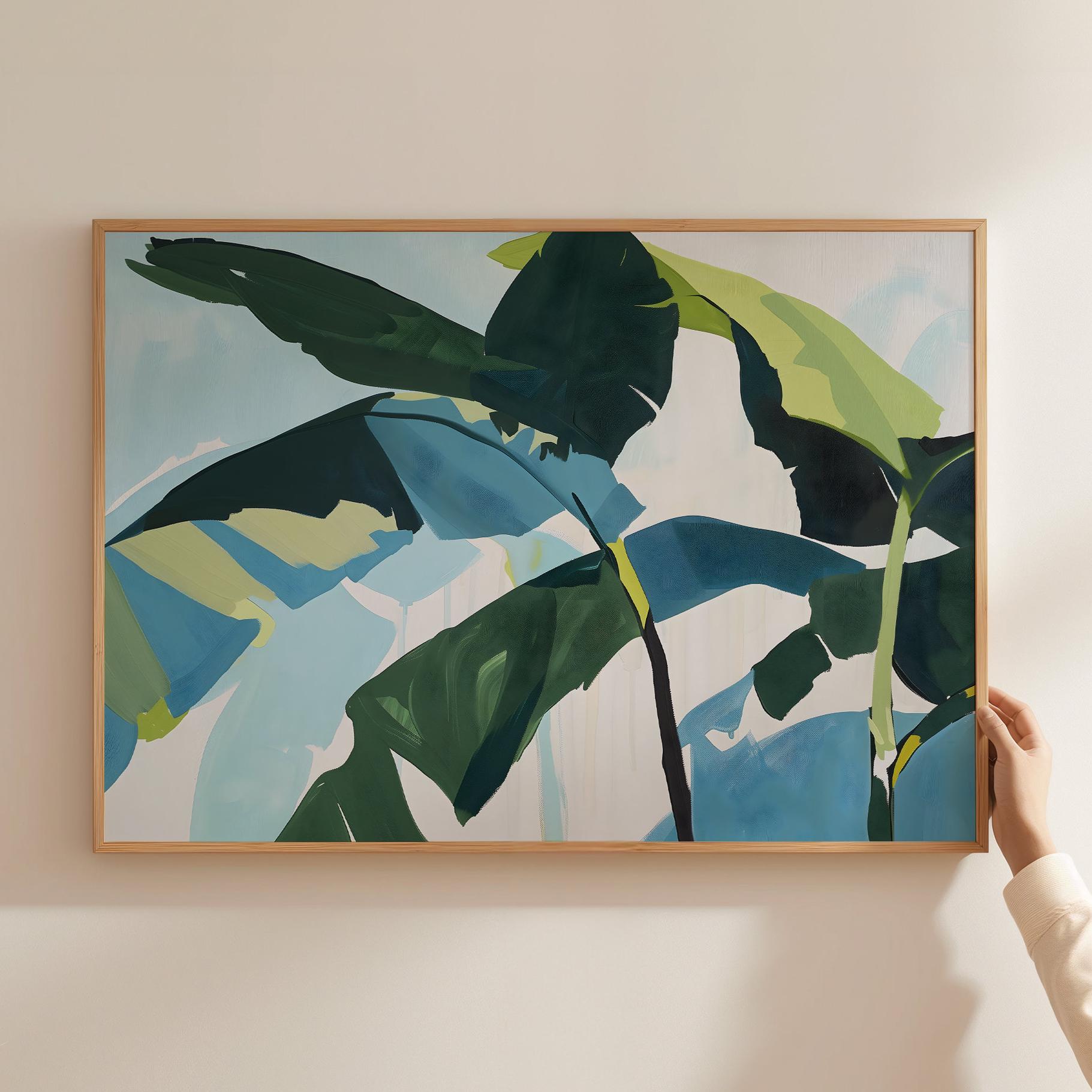 Tropical Green Leaf Wall Art, Original Painting, Summer Aesthetic, Green And Blue Art, Botanical Poster, Monstera Print, Jungle Leaf Art