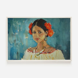 Mexican Girl Portrait Print, Vintage Artwork, Vibrant Color Painting, Flowers In Her Hair, Mexico Heritage Art, Portrait Painting