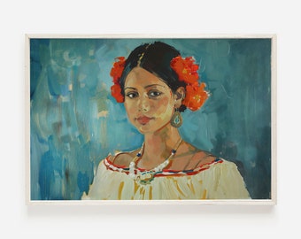 Mexican Girl Portrait Print, Vintage Artwork, Vibrant Color Painting, Flowers In Her Hair, Mexico Heritage Art, Portrait Painting