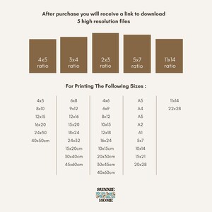 K&ouml;nnte beinhalten: Eine Tabelle, die verschiedene Seitenverh&auml;ltnisse f&uuml;r digitale Downloads und die entsprechenden Druckgr&ouml;&szlig;en in Zoll und Zentimetern zeigt. Die Tabelle enth&auml;lt Standardpapierformate wie A5, A4, A3, A2, A1 und 5x7. Der Text "Nach dem Kauf erhalten Sie einen Link zum Download von 5 hochaufl&ouml;senden Dateien" befindet sich oben in der Tabelle. Der Text "F&uuml;r den Druck der folgenden Gr&ouml;&szlig;en" befindet sich oben in der Tabelle.