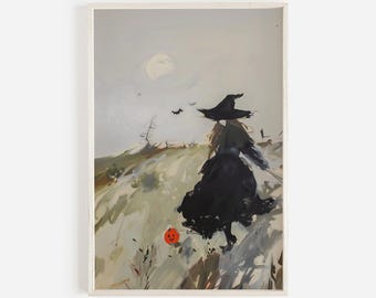 Witch Frolicking In Field Print, Halloween Witch Poster, Vintage Style Painting, Witch In Autumn Field, Neutral Witch Poster, Halloween Art