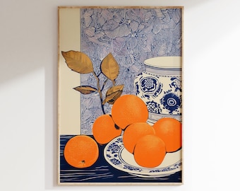 Oranges On Table Painting, Still Life Wall Art, Abstract Kitchen Print, Italian Kitchenware, Blue Kitchen Scenery, Abstract Oranges Poster