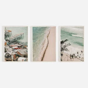 Strand in Mexiko Print-Set, 3-er Set Drucke, blaues Meerwasser, weiße Sandstrände, Sommer in Mexiko, Fischerdock Poster, Küsten Tulum Kunst