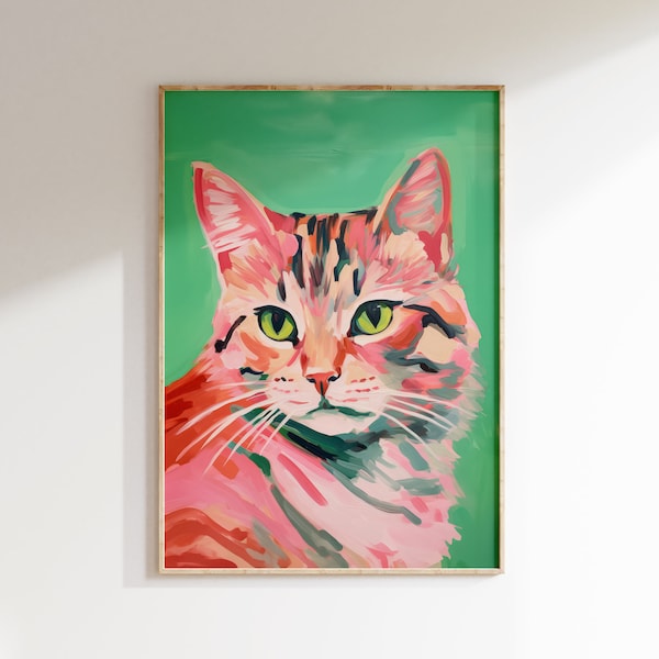 Pink Cat Pop Art, Modern Pop Painting, Long Haired Cat Wall Art, Abstract Decor, Trendy Printable Art, Modern Cat Poster, Cat Painting