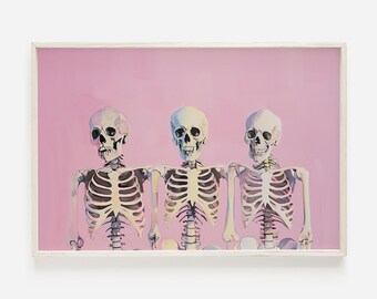 Skeleton Besties Print, Neon Skeletons Poster, Girly Halloween Decor, Trendy Skeleton Artwork, Pastel Skeleton Vibes, Cute Skull Poster