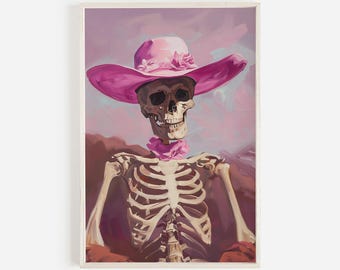 Southwest Skeleton Cowgirl Print, Pink Cowgirl Hat, Preppy Halloween Decor, Pink Cowgirl Poster, Skeleton Painting, Halloween Cowgirl Art
