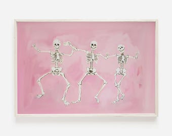 Disco Dancing Skeletons Poster, Pink Halloween Wall Art, Trendy Girly Decor, Skeleton Poster, Halloween Pink Decor, Pink Disco Skeletons Art