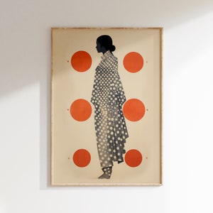 Japanese Woman Surrounded By Suns, Asian Heritage Wall Art, Japanese Woman Poster, Abstract Wall Art, Red Suns Printable, Asian Home Decor