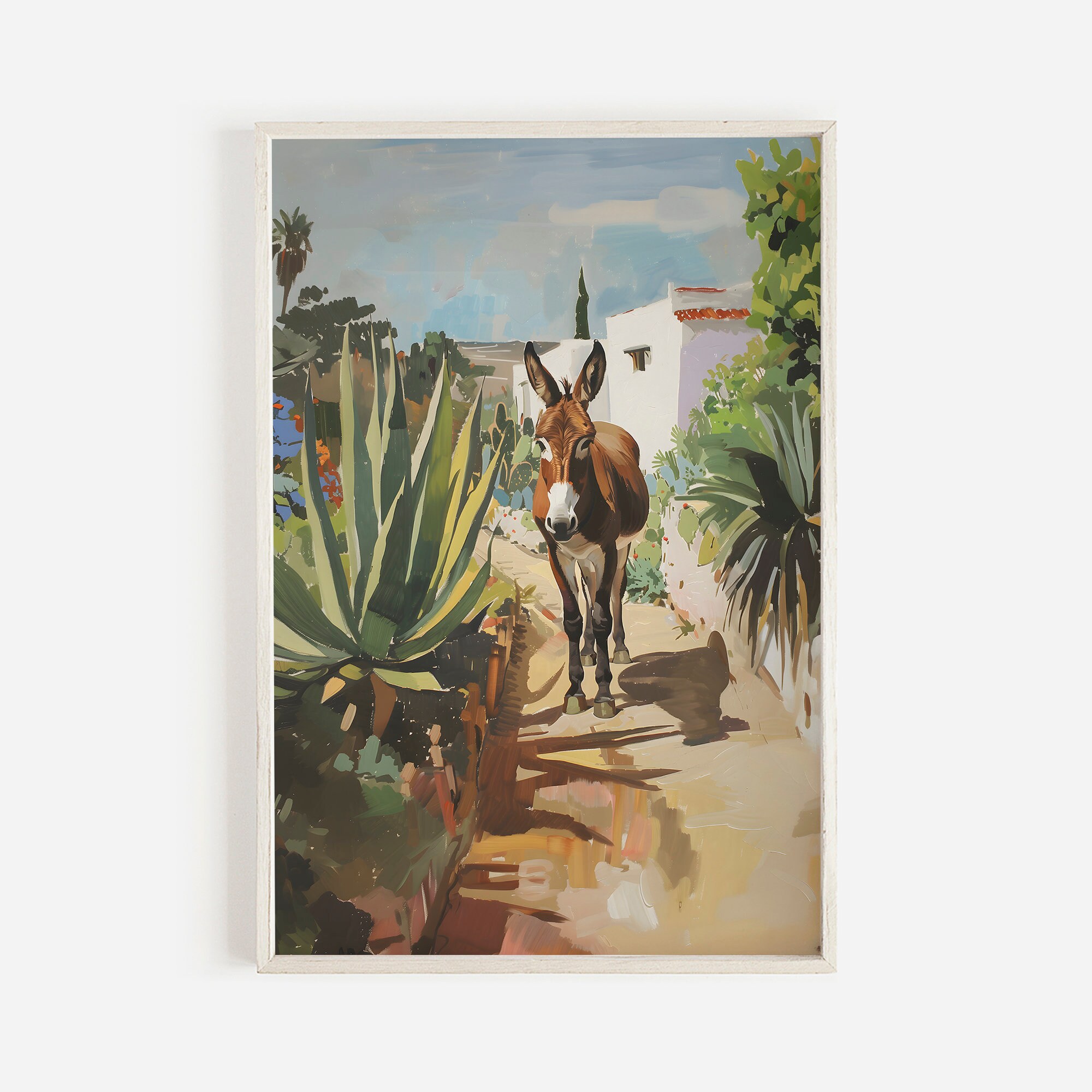 メキシコのロバのプリント、南西部のサボテンアート、ロバの風景