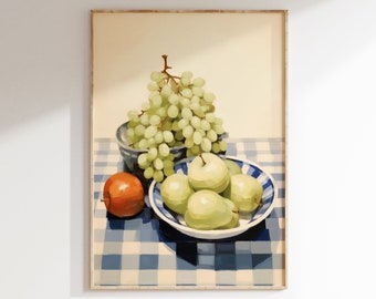 May include: A still life painting of a bowl of green grapes, a bowl of green pears, and a red apple on a blue and white checkered tablecloth.