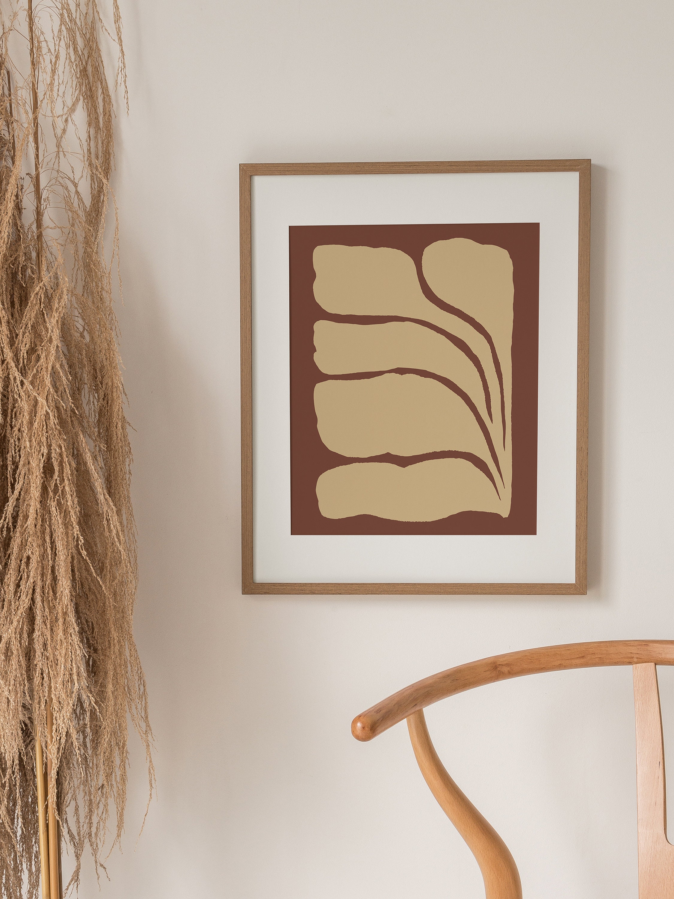 Abstract Leaf Drawing, Colorblock Wall Art, Beige and Maroon, Eclectic ...