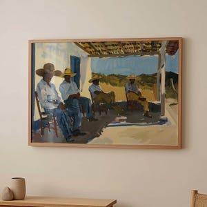 May include: A painting depicting four men in straw hats seated on chairs beneath a covered porch. The men are dressed in light blue shirts and dark blue trousers. The artwork is executed in a watercolour style, conveying a light and airy atmosphere.