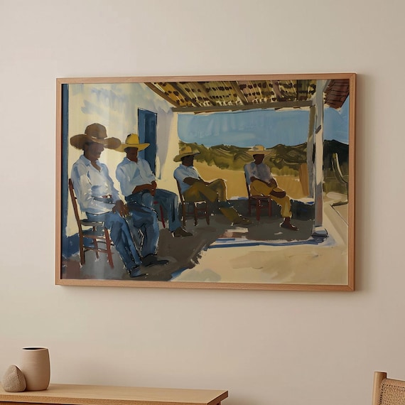 Vaqueros Relaxing On The Porch, Mexico Ranch Hand Print, Oil Painting Poster, Mexican Cowboy Wall Art, Vintage Western Print