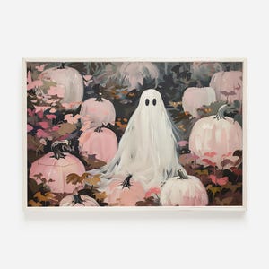 Ghost In Pumpkin Patch Print, Pastel Pumpkin Decor, Vintage Style Halloween Art, Pink Ghost Poster, Spooky Season Art, Girly Halloween Art