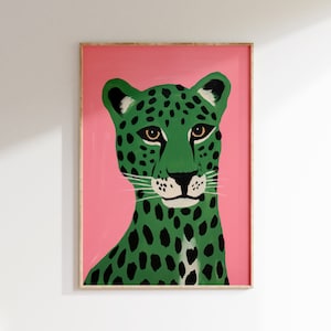 Leopard Print, Green Cat Wall Art, Boho Home Decor, Nursery Digital Art, Bright Pink Wall Art, Jungle Poster, Modern Leopard Art, Animal Art