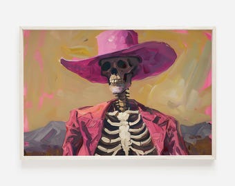 Pink Cowgirl Skeleton Wall Art, Preppy Halloween Vibes, Girly Cowgirl Decor, Spooky Skeleton Artwork, Trendy Halloween Skeleton Print