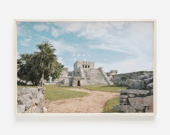 Ruiny Majów w Tulum Wydruk, Sztuka ścienna Riviera Maya, Plakat z wakacjami w Meksyku, Tropikalna ucieczka, Plakat z ruinami w Tulum, Starożytna architektura Majów