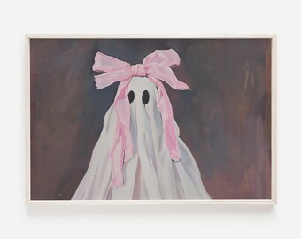 Girly Pink Bow Ghost Print, Cute Ghost Poster, Girly Halloween Decor, Pastel Spooky Wall Art, Preppy Aesthetic, Ghost Wearing Pink Bow Art