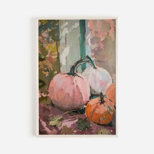 Boho Pink Pumpkins Print, Warm Autumn Decor, Girly Halloween Art, Brushstroke Painting, Pastel Printable Art, Pumpkins In Window Sill