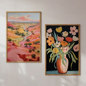 Conjunto de estampados eclécticos cálidos, conjunto de 2 grabados, póster de florero, pintura de paisajes australianos, conjunto de estampados de colores femeninos, decoración del hogar boho, arte cálido