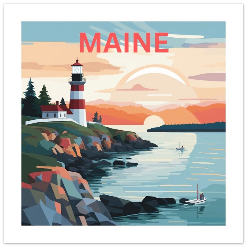 Maine Travel Print, Maine Retro, Maine Lighthouse Print, Maine Coastal