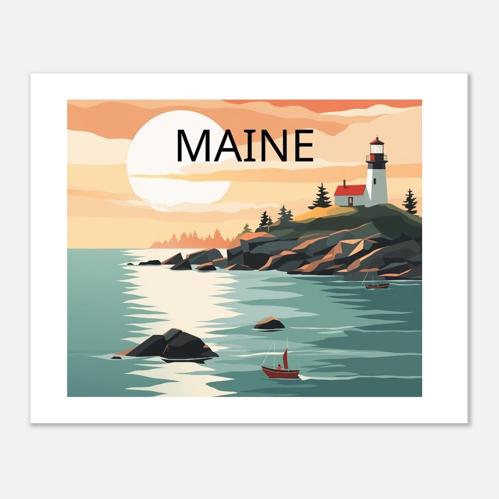 Maine Travel Print, Maine Retro, Maine Lighthouse Print, Maine Coastal