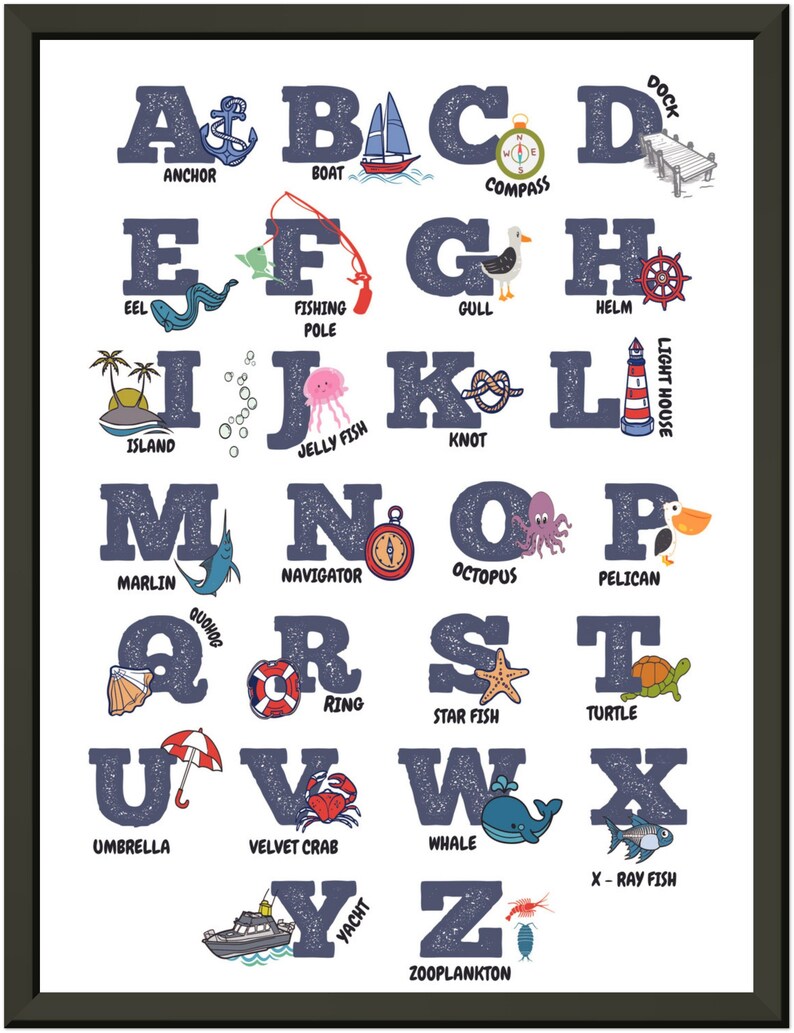 Metal Frame, Under the Sea Alphabet Poster, Nursery Wall Art, Kids Room ...