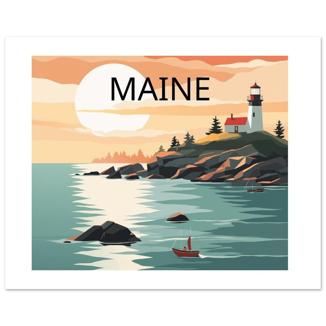 Maine Travel Print, Maine Retro, Maine Lighthouse Print, Maine Coastal