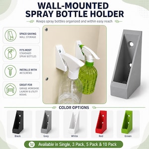 May include: A wall-mounted spray bottle holder featuring a triangular design with two screw holes. The holder is shown in black, grey, white, red, and green. The text reads WALL-MOUNTED SPRAY BOTTLE HOLDER, SPACE-SAVING WALL STORAGE, FITS MOST STANDARD SPRAY BOTTLES, INSTALLS WITH #8 SCREWS, and GREAT FOR GARAGE, WORKSHOP, LAUNDRY & UTILITY ROOMS.