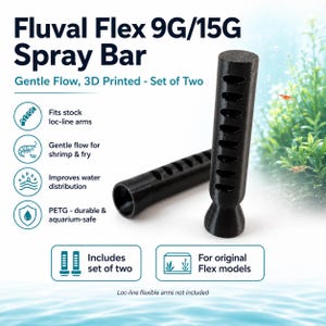 Peut inclure: Un ensemble de deux barres de pulvérisation noires imprimées en 3D pour aquariums Fluval Flex 9G/15G. Les composants cylindriques présentent une série de fentes rectangulaires pour le débit d'eau et une base évasée. Texte : Fluval Flex 9G/15G Spray Bar.