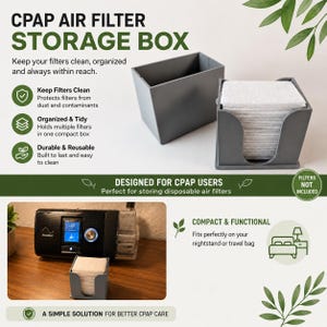May include: A grey CPAP air filter storage box with an open front design, shown empty and filled with white square filters. The text reads CPAP AIR FILTER STORAGE BOX, Keep your filters clean, organised and always within reach, and DESIGNED FOR CPAP USERS.