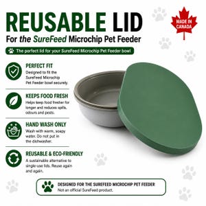 May include: A dark green, oval-shaped reusable lid designed for the SureFeed Microchip Pet Feeder bowl. The lid is shown next to a grey pet food bowl. Text on the image includes REUSABLE LID, PERFECT FIT, KEEPS FOOD FRESH, and HAND WASH ONLY.