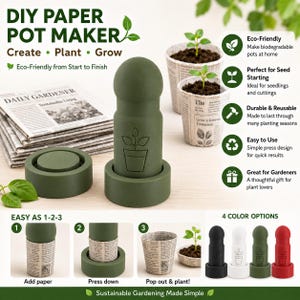 Puede incluir: Una herramienta de color verde oliva oscuro para hacer macetas de papel con base cilíndrica y mango redondeado, con un icono de planta grabado. El conjunto incluye una pila de periódicos, dos macetas de papel formadas con plántulas y diagramas.