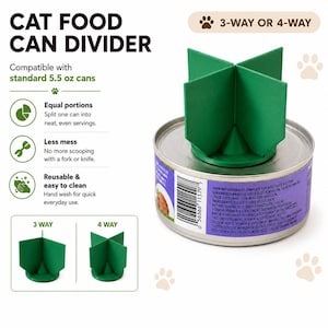 May include: A green plastic cat food can divider designed for 156g cans. The device features a cross-shaped insert that splits food into equal portions. Text on the image includes CAT FOOD CAN DIVIDER, 3-WAY OR 4-WAY, and Compatible with standard 5.5 oz cans.