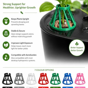 May include: A green conical hydroponic plant support collar with an open lattice structure, shown stabilising a small green plant in a black hydroponic system. The image displays seven colour options: black, grey, white, red, green, blue, and pink.