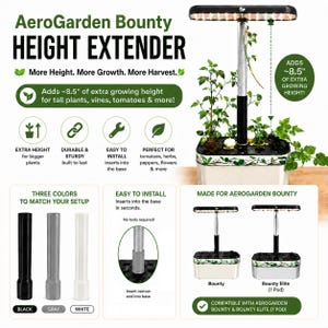 Op de afbeelding: Een AeroGarden Bounty hoogteverlenger in zwart, grijs of wit voor hydrocultuursystemen. Deze cilindrische paal voegt 21,6 cm extra groeihoogte toe voor hoge planten, klimplanten en tomaten, en is eenvoudig en zonder gereedschap te installeren.