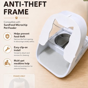 Puede incluir: Un marco antirrobo blanco con forma de gato para el comedero SureFeed Microchip. El marco presenta un diseño de orejas de gato recortadas y se muestra acoplado a un comedero con tapa transparente y cuenco de metal. Texto: CAT-SHAPED ANTI-THEFT FRAME.