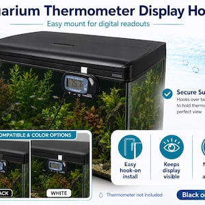May include: A white or black plastic aquarium thermometer display hook designed to mount over the edge of a fish tank. The device features a hook-on installation mechanism to hold a digital thermometer display in view without tools or adhesive.