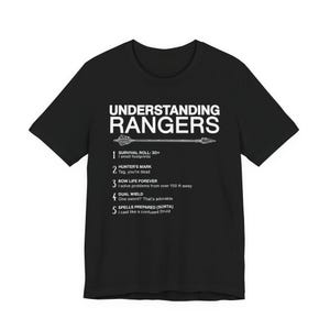 Puede incluir: Camiseta negra con texto blanco que dice "Understanding Rangers" y un diagrama de flecha. Debajo, puntos numerados con frases como "Survival Roll: 30+" y "Hunter's Mark".