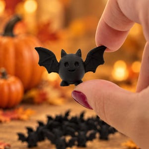 May include: A small, black, 3D-printed bat figurine with a rounded body, pointed ears, and outstretched wings. The surface of the bat shows fine horizontal layer lines from the printing process. The bat has a simple, smooth, smiling face.