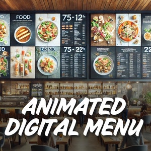 Tablero de menú de TV digital animado. Menú digital personalizado para TV o pantalla LCD. Tablero de menú animado Diseño personalizado.