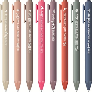 May include: Set of ten colourful pens with inspirational quotes printed on them. The quotes include: "Always Pray, and Never Give Up", "Be Still, and Know That I Am God", "The Lord Is On My Side, I Will Not Fear", "Let All That You Do Be Done In Love", "Rejoice In The Lord Always", "Be Strong and Courageous", "Trust In The Lord With All Your Heart", and "I Will Fear No Evil, For You Are With Me".